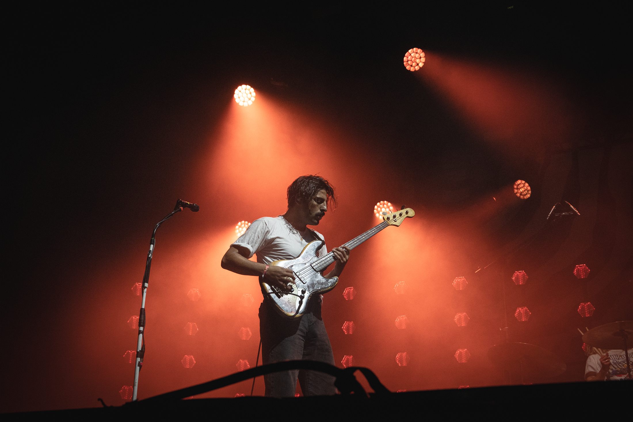 Bajista de Sexy Zebras tocando en directo bajo luces rojas - fotografía de Noland Live