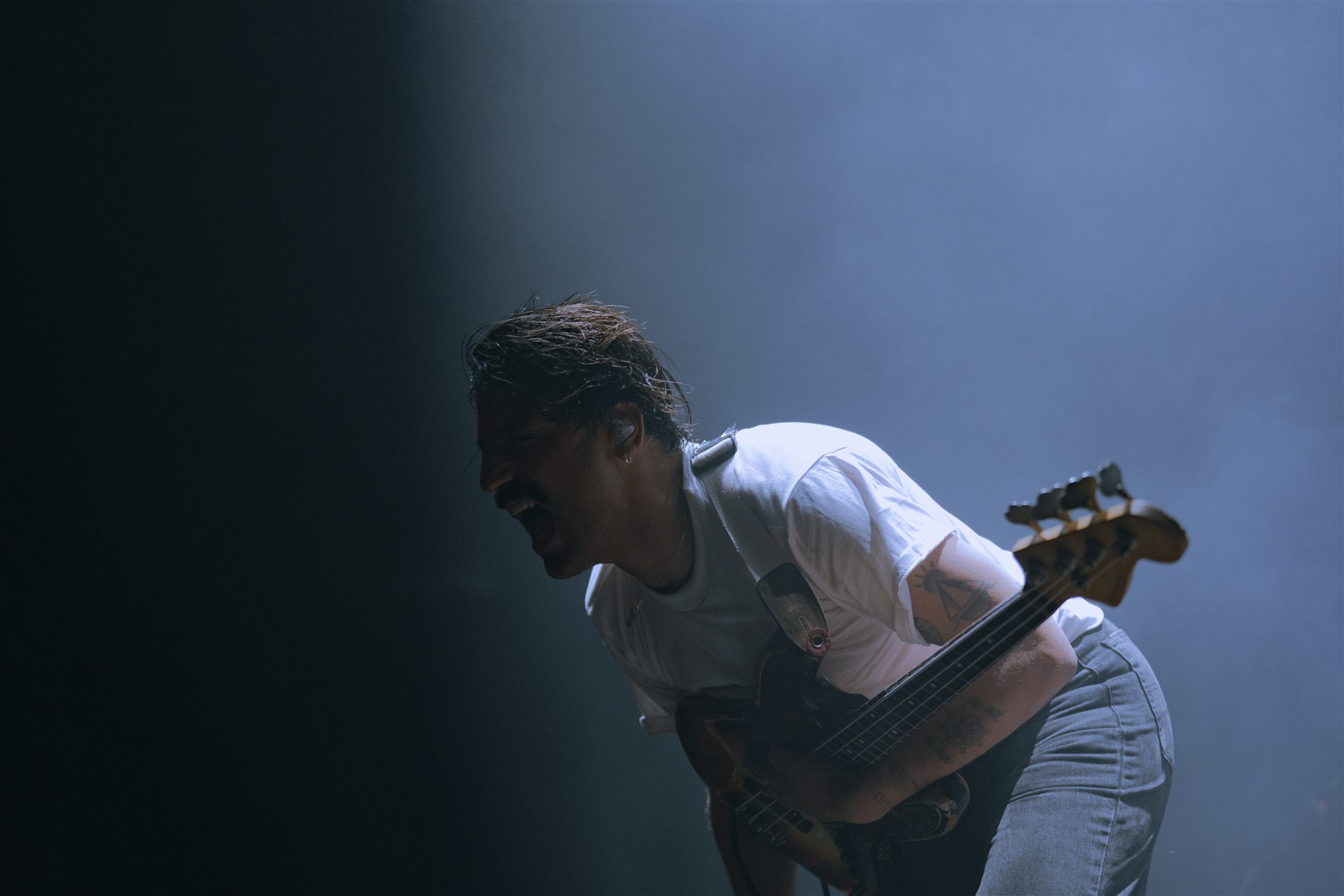 Cantante de Sexy Zebras entregado sobre el escenario en directo - fotografía de Noland Live